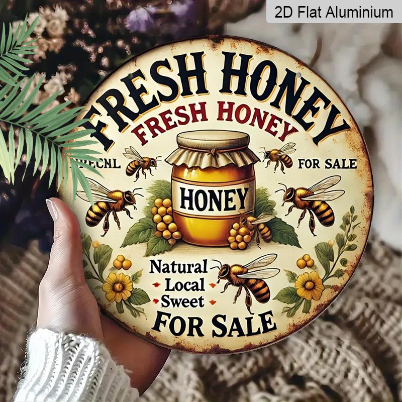 2D Flat Retro Fresh Honey Discount Aluminum Wall Logo-8x8 Inch Country Farmhouse Decoration with Bee and Jar Art, Humorous Kitchen Plaque Suitable