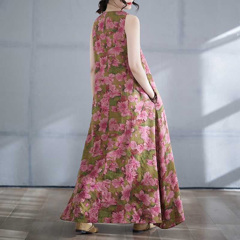 New Summer Bohemian Long Dress with A Fat and Oversized Sleeveless Round Neck Print