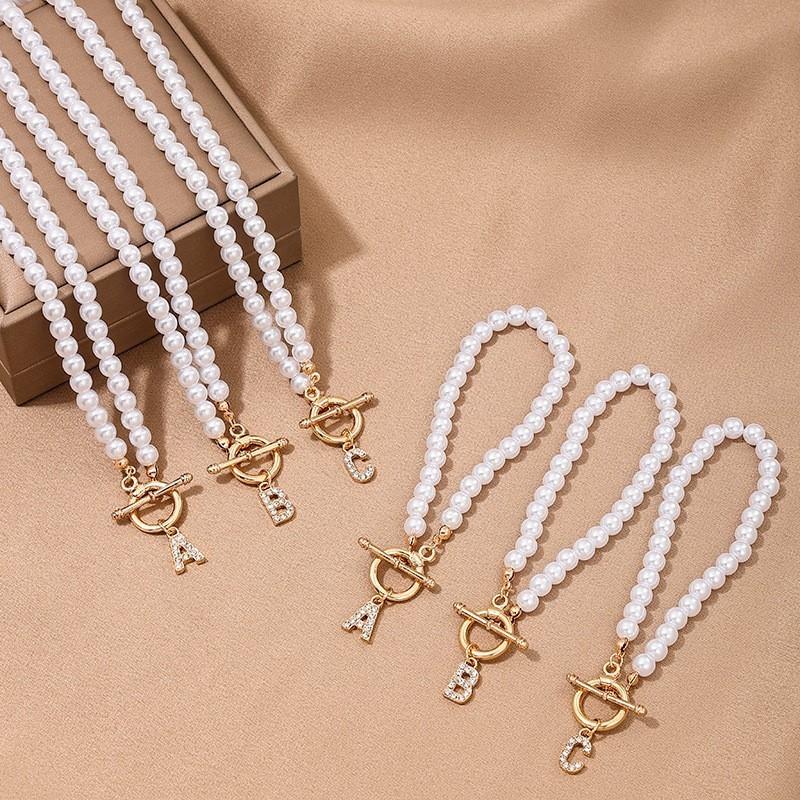 Gold Color Elegant Simulated-pearl OT Buckle 26 Letters Pendant Necklace for Women Vintage Choke Collares Jewelry Girls Gifts
