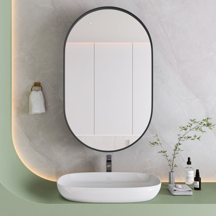 Eleganter ovaler Spiegel, integrierter Spiegelschrank, Wandmontageschrank mit Metallrahmen, schwarz