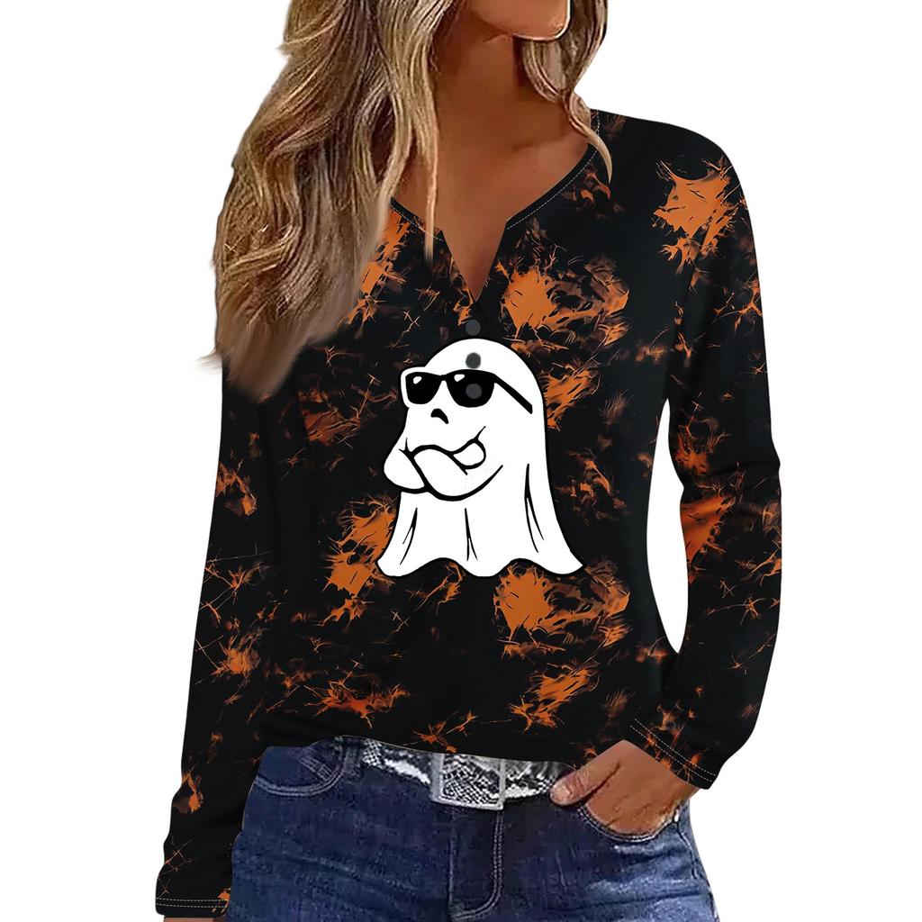 Women's Casual Long Sleeve T-Shirt with Halloween Print V-Neck and Button