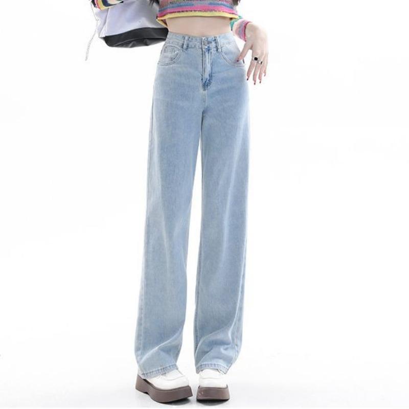 

Свободные прямые широкие джинсовые брюки в стиле ретро с высокой талией для женщин, модные тонкие синие джинсы, женские драпированные облегающие женские длинные брюки 24199 2XL светло-синий