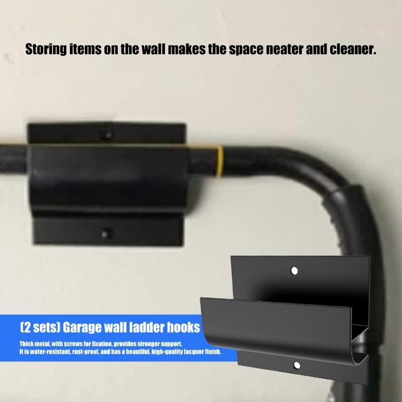 Black Ladder Wall Hangers, 2Pack with Powder-Coated Finish and Raised-Lip J-Style Arms for Garage Organization and Lawn Equipment Storage
