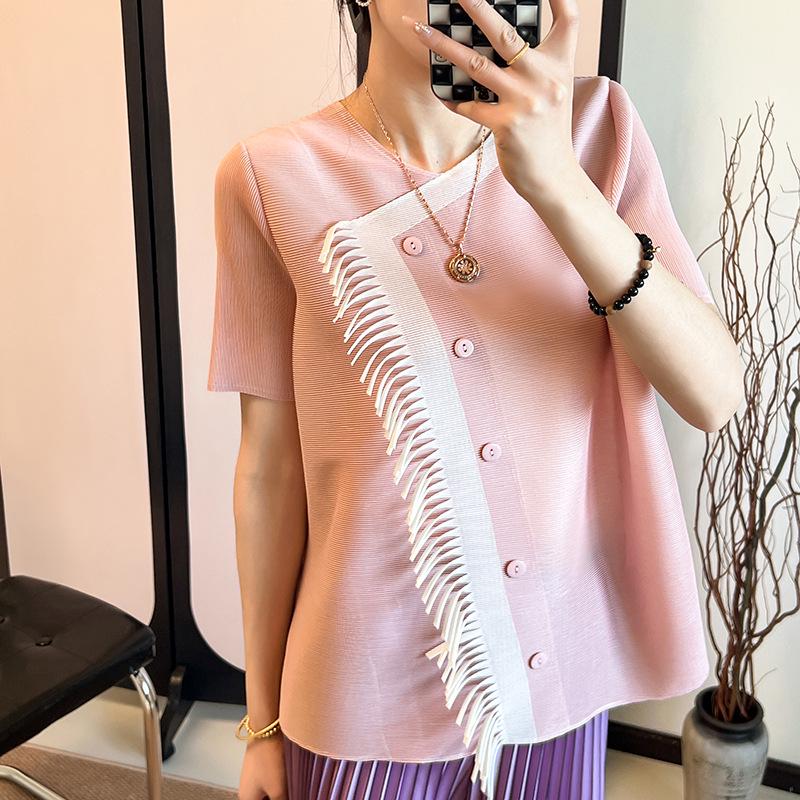 Miyake Plisse 2025 Sommer Quastenbluse - Lockere Passform, Figurformend, Bauchbedeckendes Design