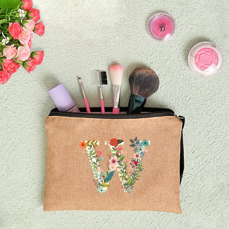 26 Letters Floral Women Cosmetics Woman Zipper Pouch Fashion Women Linen Cosmetic Bags Travel Portable Makeup Bag Cosmetic Bag