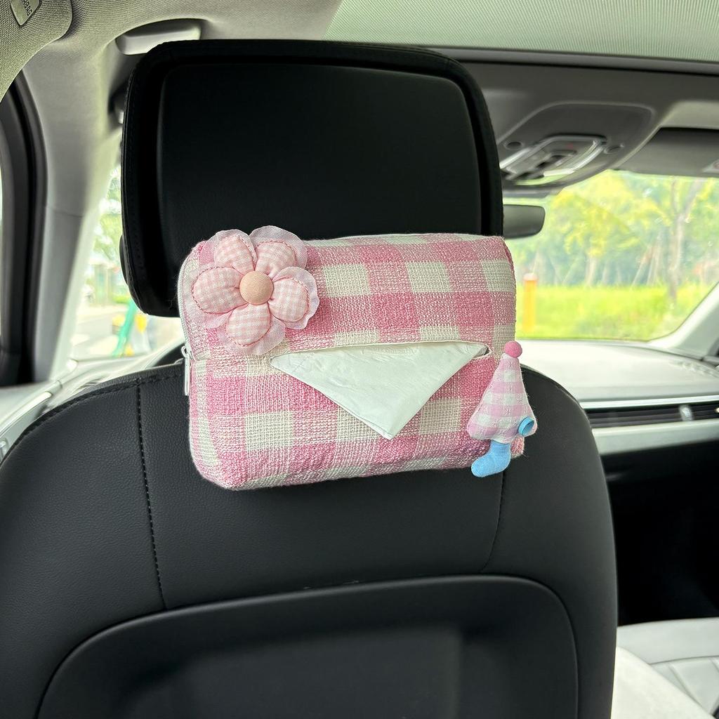 Cartoon Bear & Bunny Plaid Tissue Box for Car Seat Back, Armrest, or Sun Visor