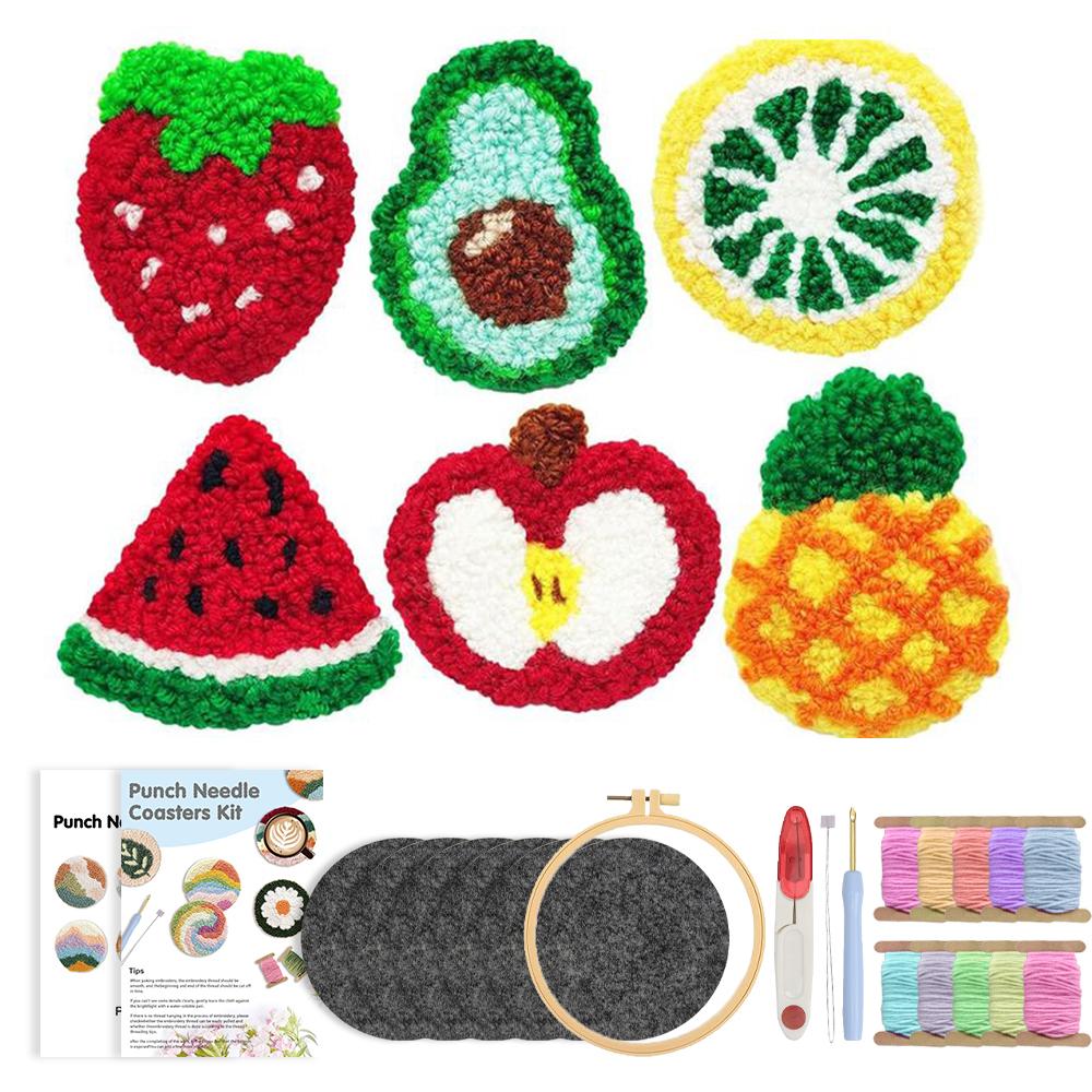 

6Pcs Punch Needle Coasters Kit for Adults Funny Easy Art Punch Needle Embroidery Kit 6 Fruit Pattern Tufted Rug Pads