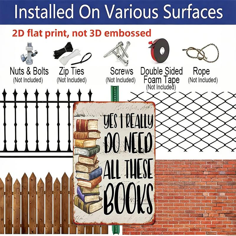 2D Flat 1pc Vintage Book Lover's Metal Wall Sign - "Yes I Really Need All These Books" Bookshelf Decor with Bookend Design, 8x12 Inch Rustic Art for