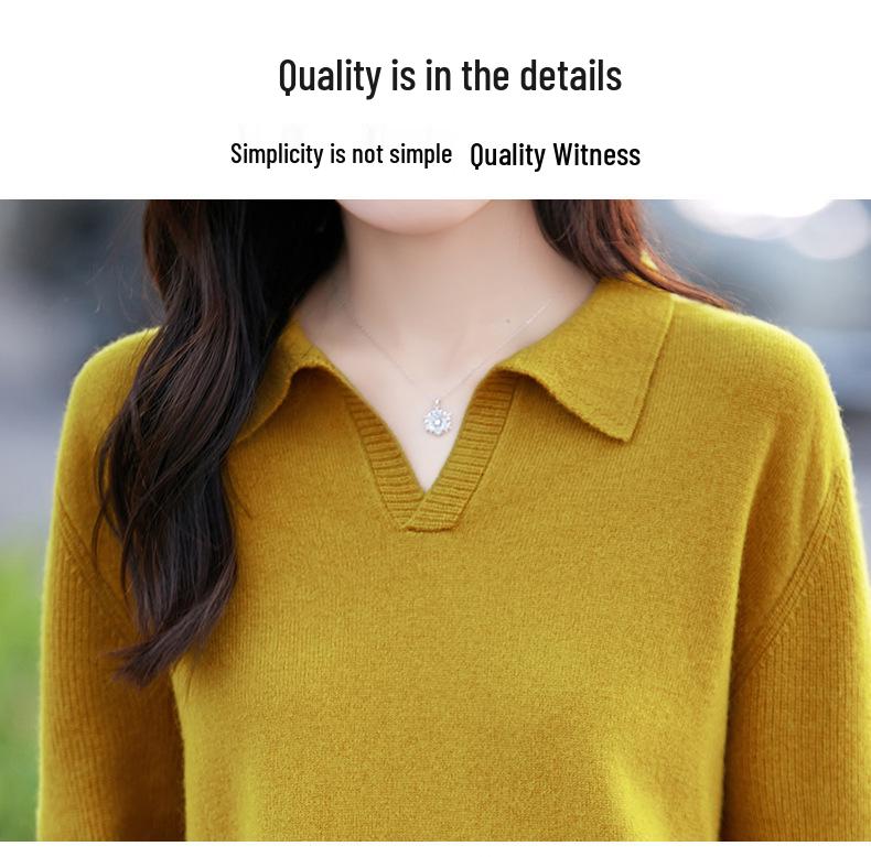 2026 Women's Pure Wool Polo Collar Loose Knit Sweater - Solid Color, Versatile, Casual Base Layer.