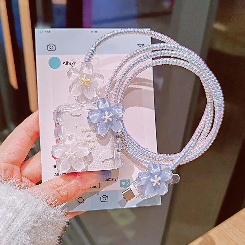 Flower Transparent Usb 20W Phone Charger Protective Case With Cable Winder Cover For Iphone Power Adapter Protector