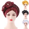 Solid Color Pre-Tied Cross Wrap Turban Beanie Flower Decor Rhinestone Headscarf Cap Hair Accessories