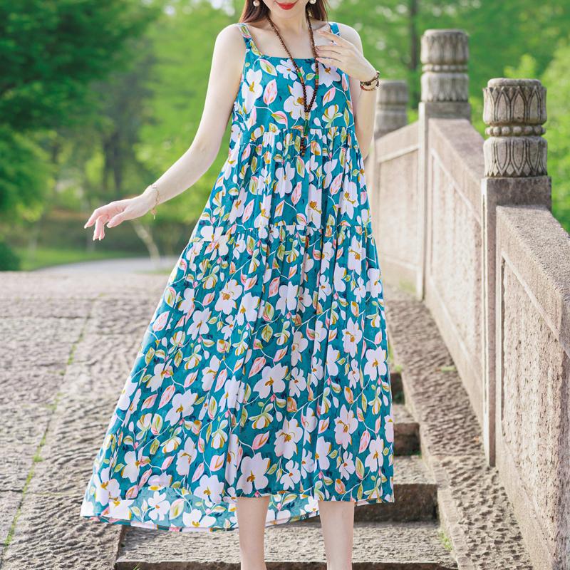 Elegant Sling Dress for Women Plus Size Casual Summer Long Dress Vintage Middle-aged Women's Clothing