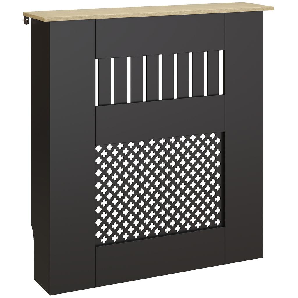 Wooden Slatted Radiator Cover, Crisscross Detailing, Top Shelf, 78 x 19 x 81 cm, Black