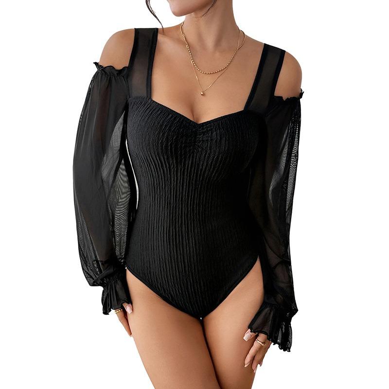Fashionable Leaky Shoulder See-through Long-sleeved Jumpsuit Sexy Hot Girl Square Neck Slim Jumpsuit for Women