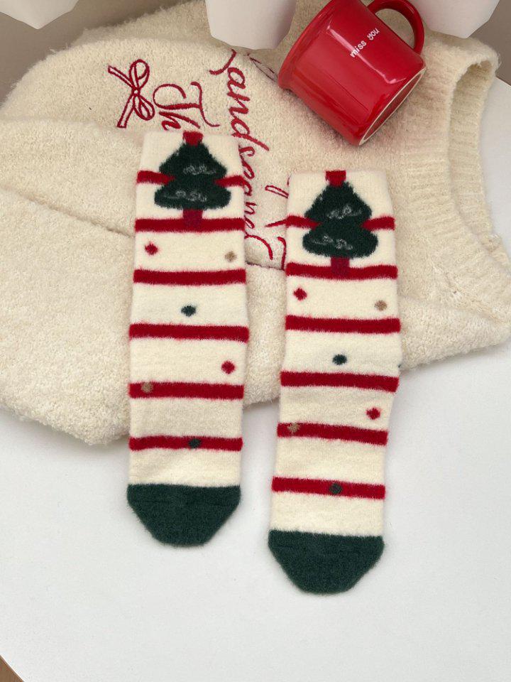 Women's Mid-Calf Christmas Stockings - Plush, Warm, Red Australian Wool, Cute Cartoon, Thick, Non-Shedding, Over-the-Knee Sleep Socks