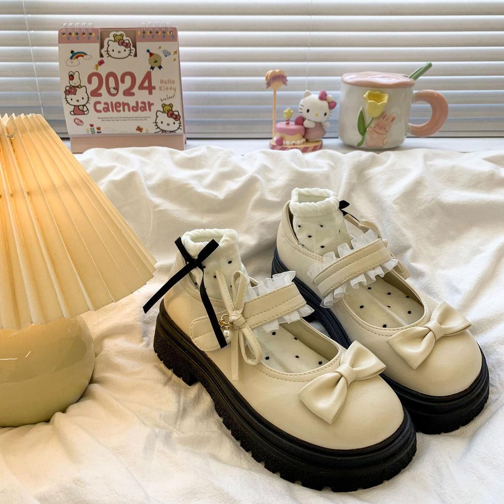 Black Bow Round Head Platform Small Leather Shoes Women's 5 New Spring and Autumn Skirt French Heightening Mary Jane Shoes