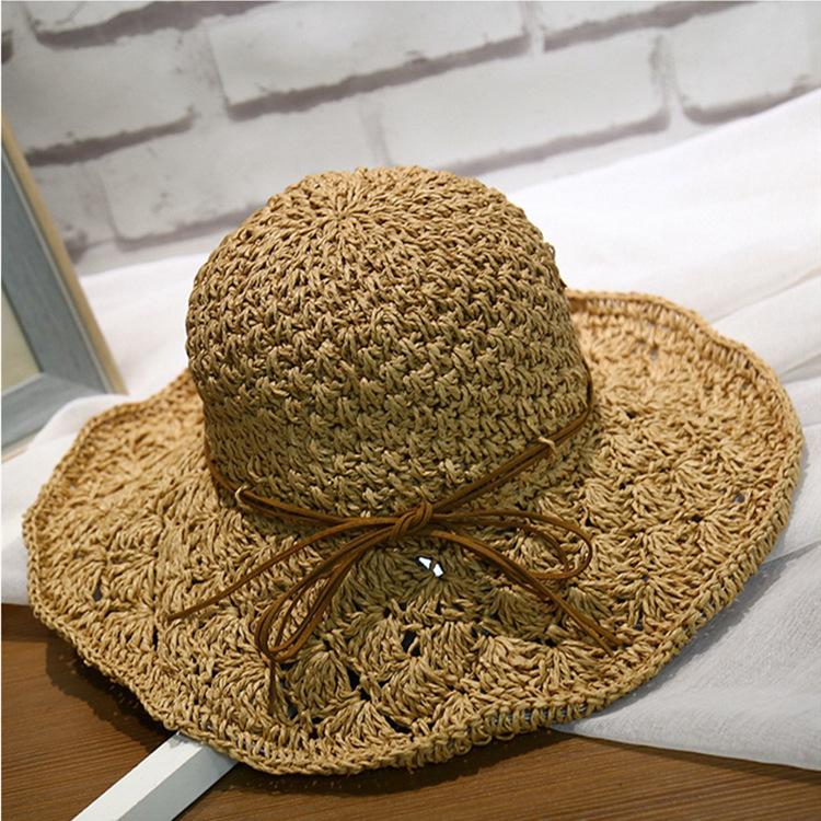 Handmade Crochet Straw Hat Women's Foldable Versatile Bow Travel Vacation Visor Beach Big Eaves Hat Summer