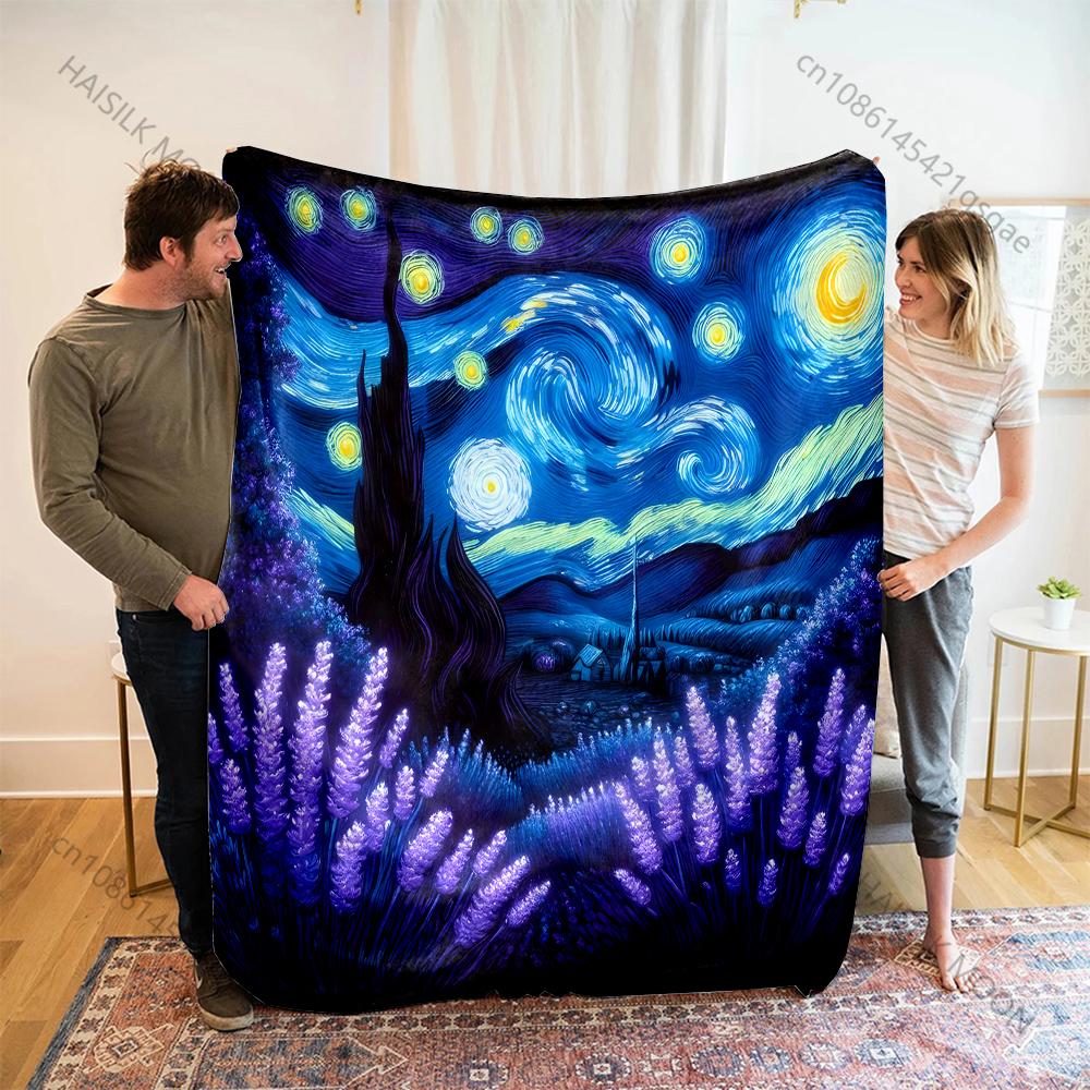 Starry Night with Lavender Fields Pattern Blanket Flannel Material Soft Warm for All Seasons, Home Outdoor Camping Picnics RV