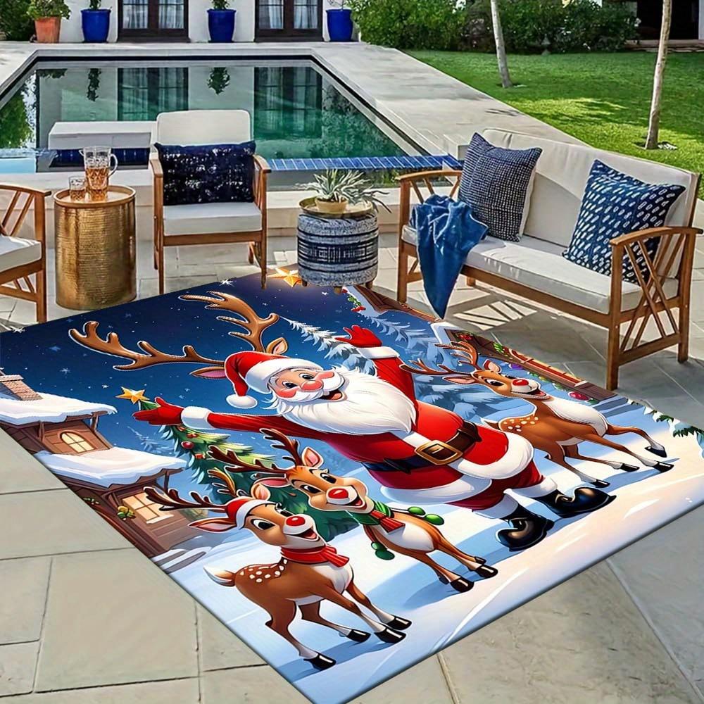 1pc Christmas Themed Rug, Santa Claus with Elk Antlers Print, Bedside Carpet, Non slip Laundry Room Mat, Machine Washable Water Absorbing En