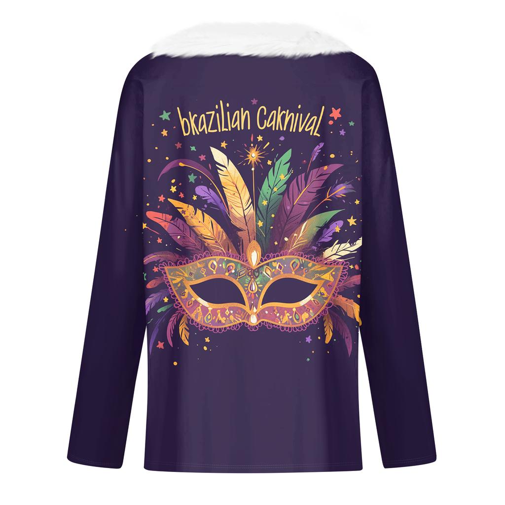 Dámský volný ležérní top s dlouhým rukávem a potiskem, plyšový límec ve tvaru V, top s dlouhým rukávem