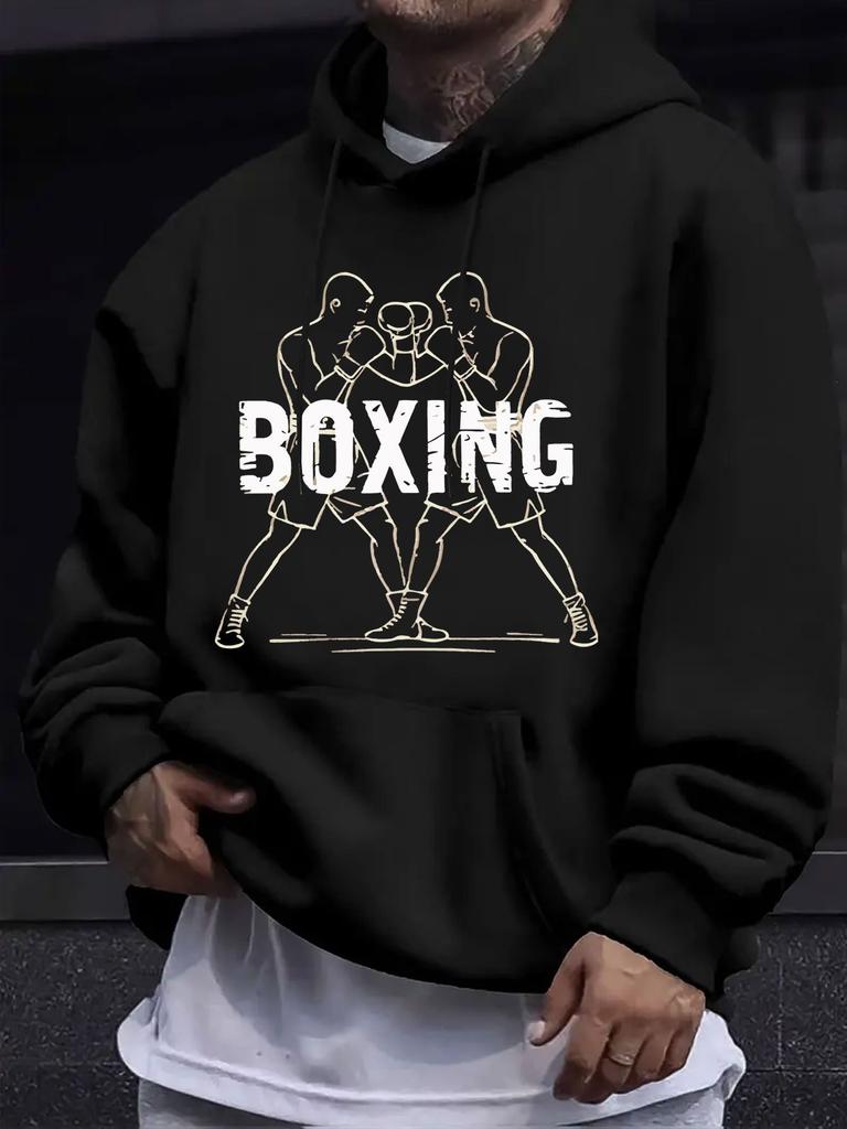 American Western Style unisex Autumn Winter Print Hooded Long Sleeve Sweatshirt, Boxer Lines Easy White Sketch Print Hoodie, Combat Fitness Hardcore S