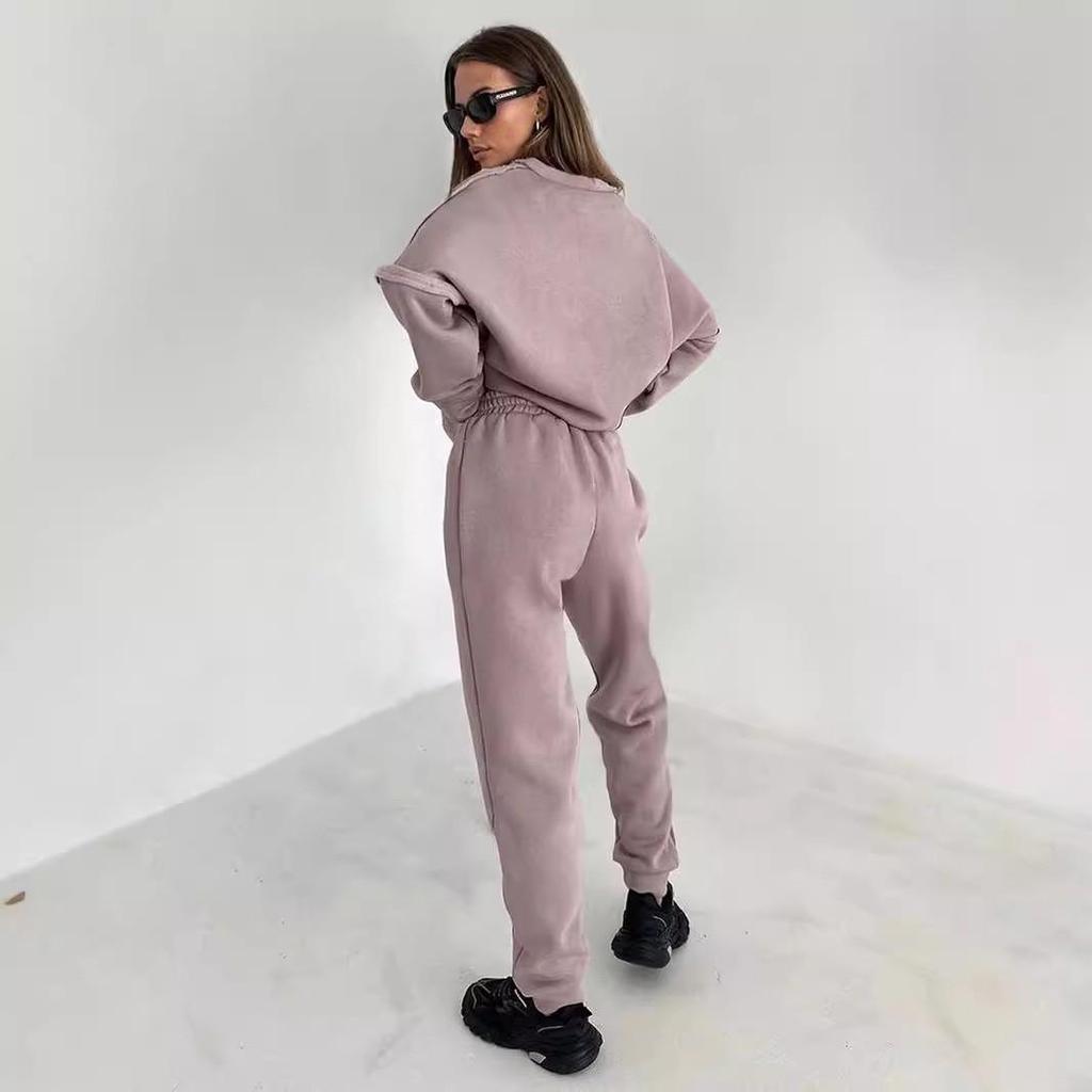2023 Pink Sport Fleece Sweatshirt & High Waist Sweatpants Set - European & American Autumn Fashion for Women