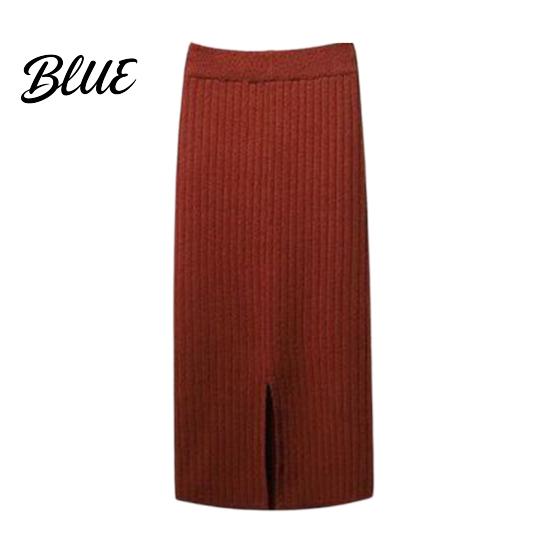 Solid Color Midi Skirt Women Knitting High Waist Back Slit Design Soft Breathable Thickened Warm Hip Wrapped