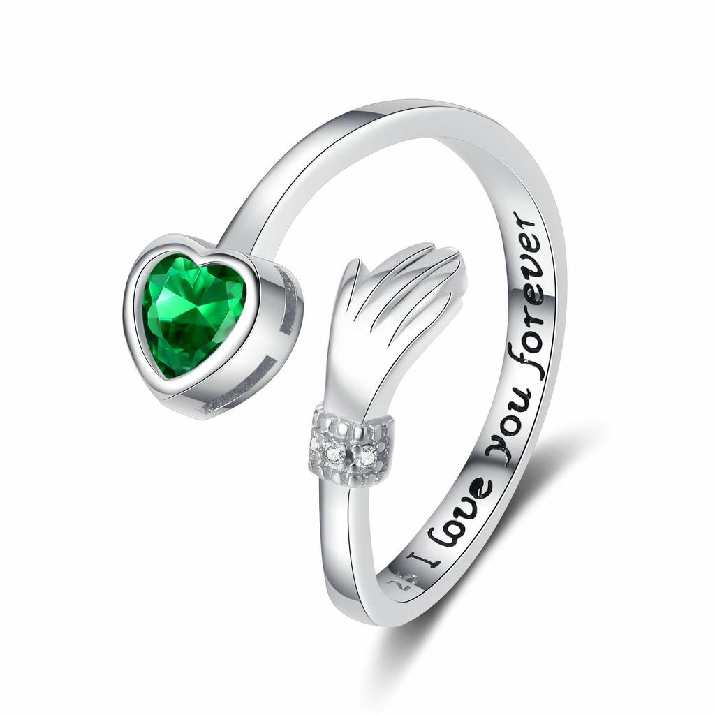 Diamond-Studded Heart Hug Ring with Engraved Letters and Birthstone for Couples