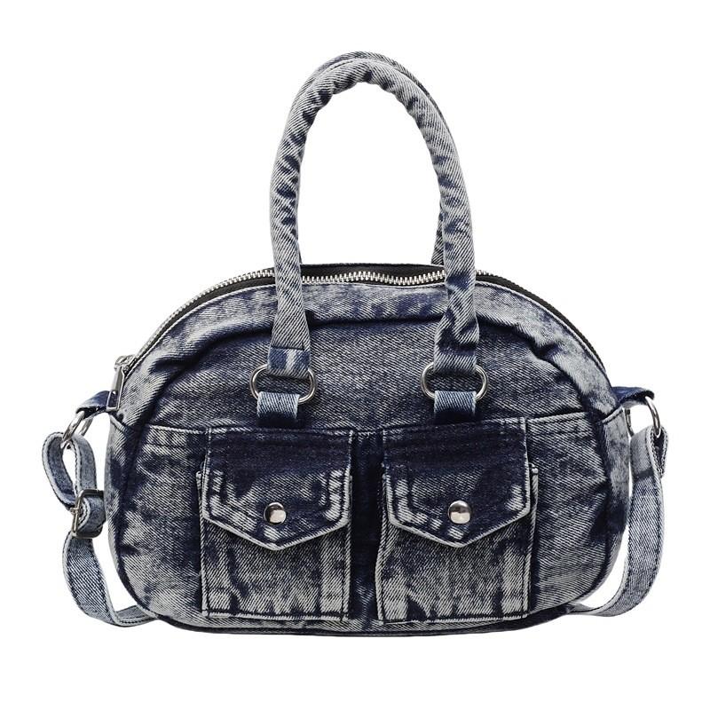 Retro Style Denim Shoulder Bag With Top Zipper And Cell Phone Pocket