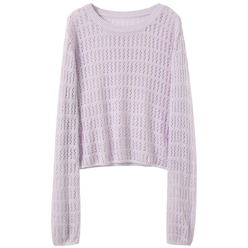 Openwork Knit Round Neck Long Sleeve Loose Short Blouse