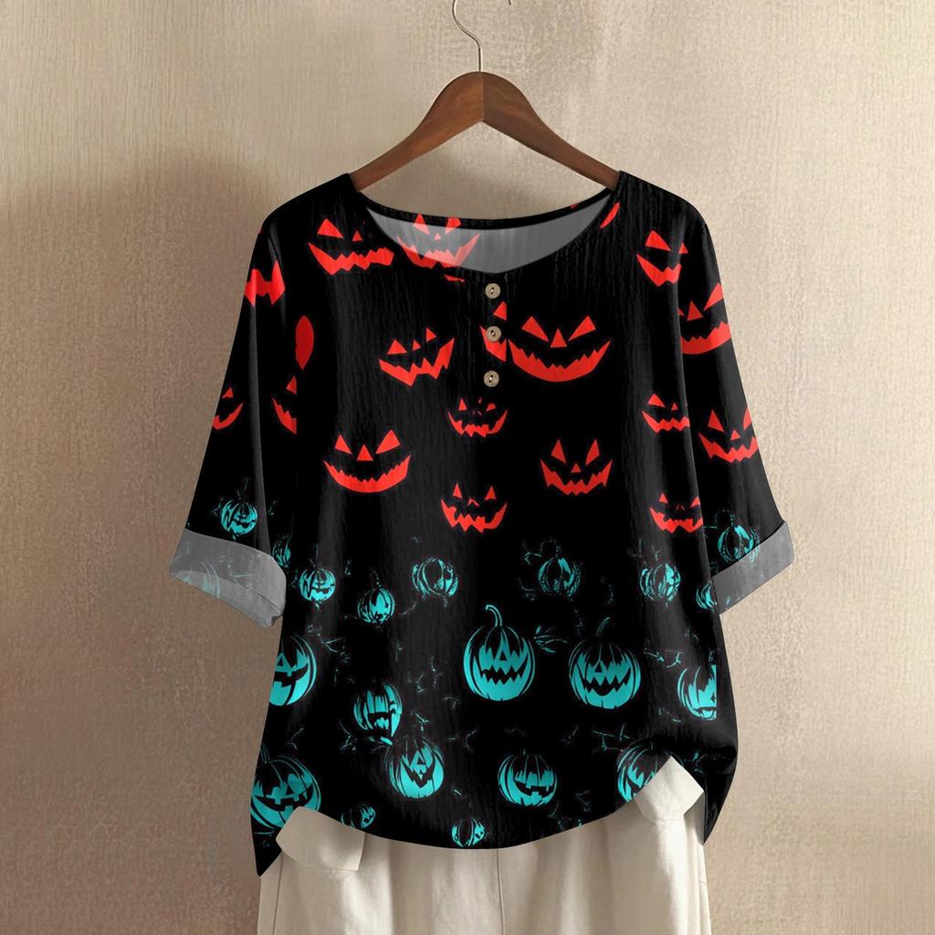 Camicia alla moda e casual da donna a maniche corte con scollo rotondo e stampa, blusa top in cotone e lino