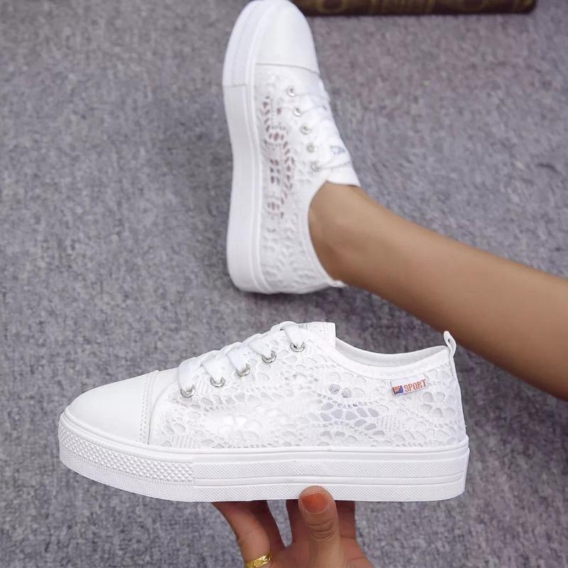 Summer New Lace-up Mesh Casual Shoes Flat-soled Thick-soled White Shoes Women's Breathable Hollowed-out Lace Muffin Women's Single Shoes