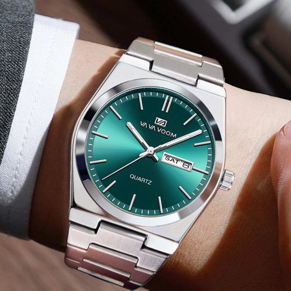 Business Casual Steel Chain Men Watch Month Week Dual Calendar Waterproof Watch Silver Gold Simple Men Watch