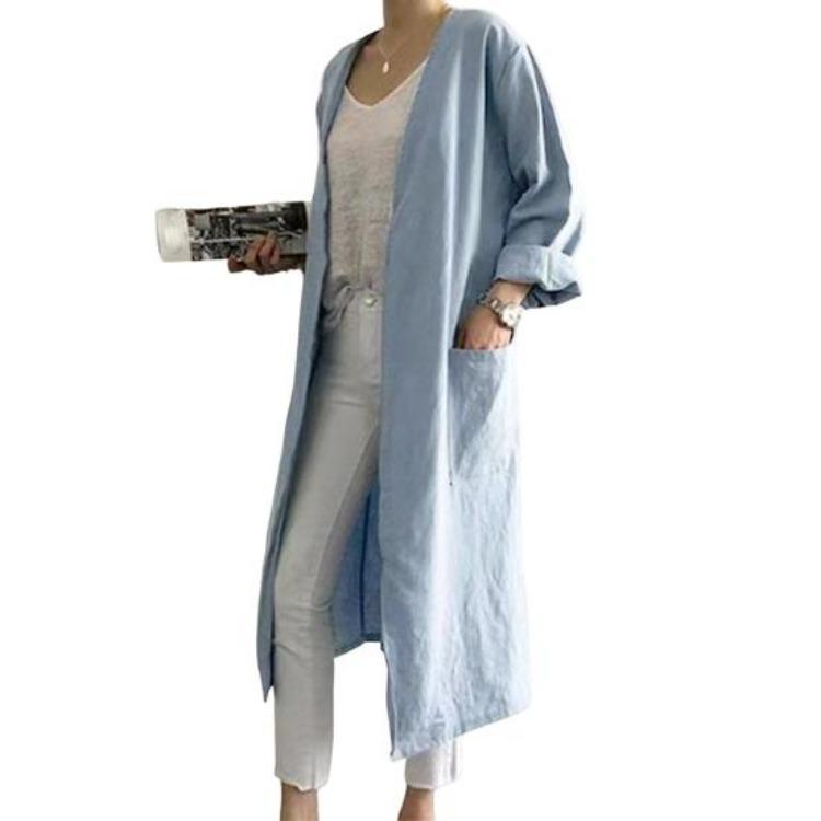 

Женский летний длинный тренч, повседневный кардиган с V-образным вырезом, защита от солнца, куртка с длинным рукавом, хлопковая верхняя одежда, халат L синий