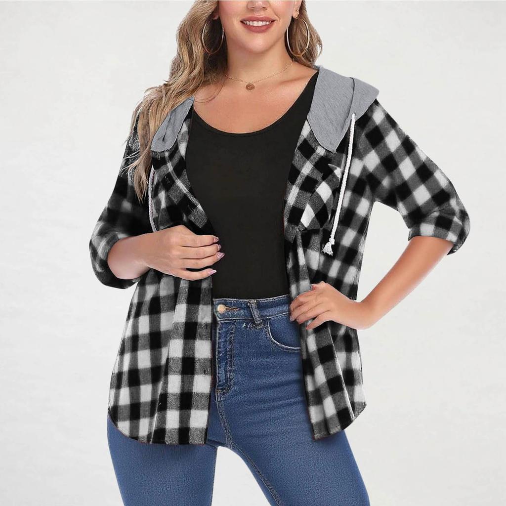 Women Long Sleeve Plaid Jackets Shirt Long Sleeve Casual Loose Coat Outwear