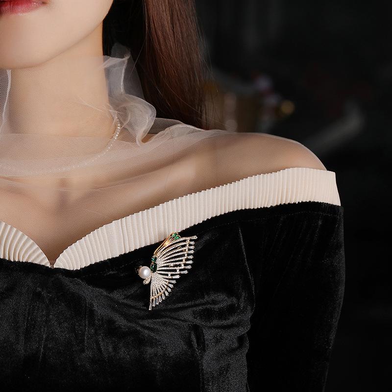 Copper Zirconia Butterfly Brooch with Freshwater Pearl - Dual-Use Insect Pin Pendant Corsage Accessory