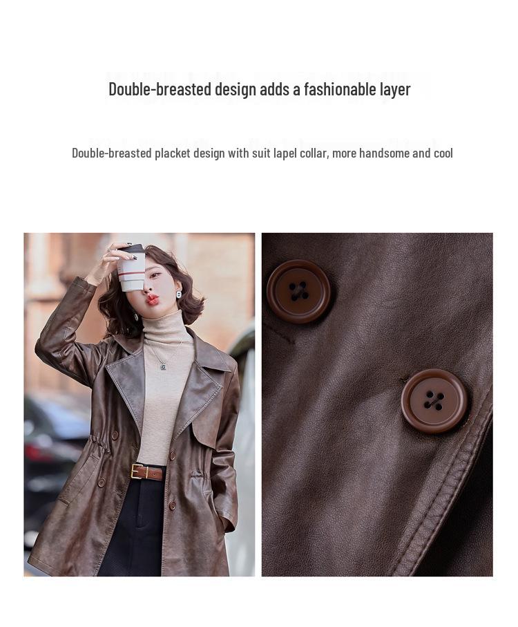 Women's PU Leather Trench Coat with Suit Collar, Double-Breasted, Mid-Length, Waist-Slimming for Spring/Autumn - Model YG82936.