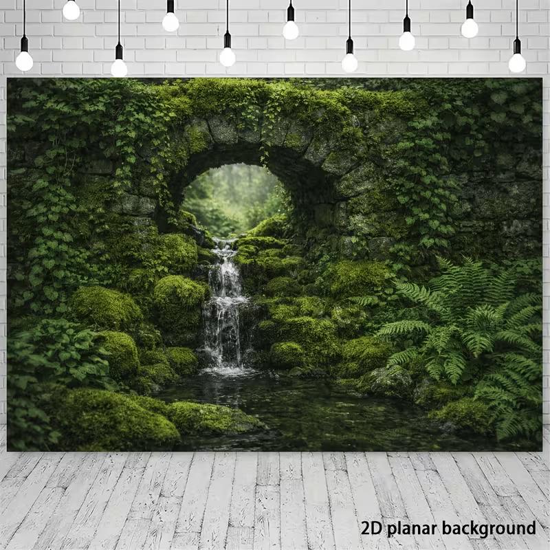 Mossy Stone Arch Backdrop with Waterfall and Ferns Photography Background