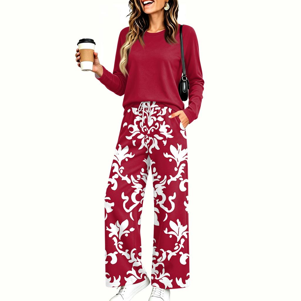 Women's Casual Printed Long Sleeve Round Neck Loose Fit Pajama Set with Pockets for Home Wear
