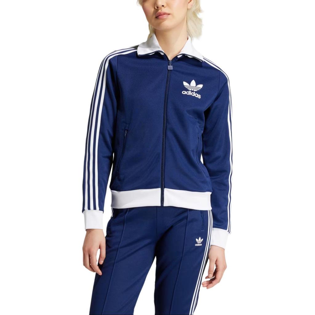 Adidas Originals Beckenbauer Track Striped Logo Print Stand Collar Zip Long Sleeve Sweatshirt Women sweatshirt Dark-Blue IY2222