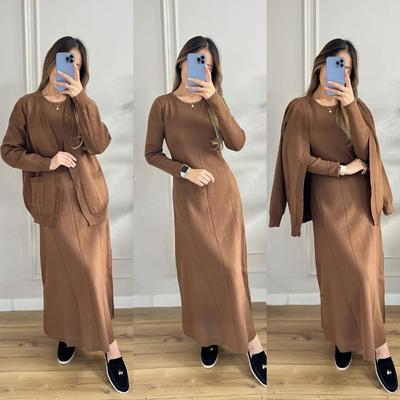 Autumn Winter Casual Women Two-piece Set Solid Color Pockets Knitted Sweater Cardigan O-neck Long Sleeved Dress