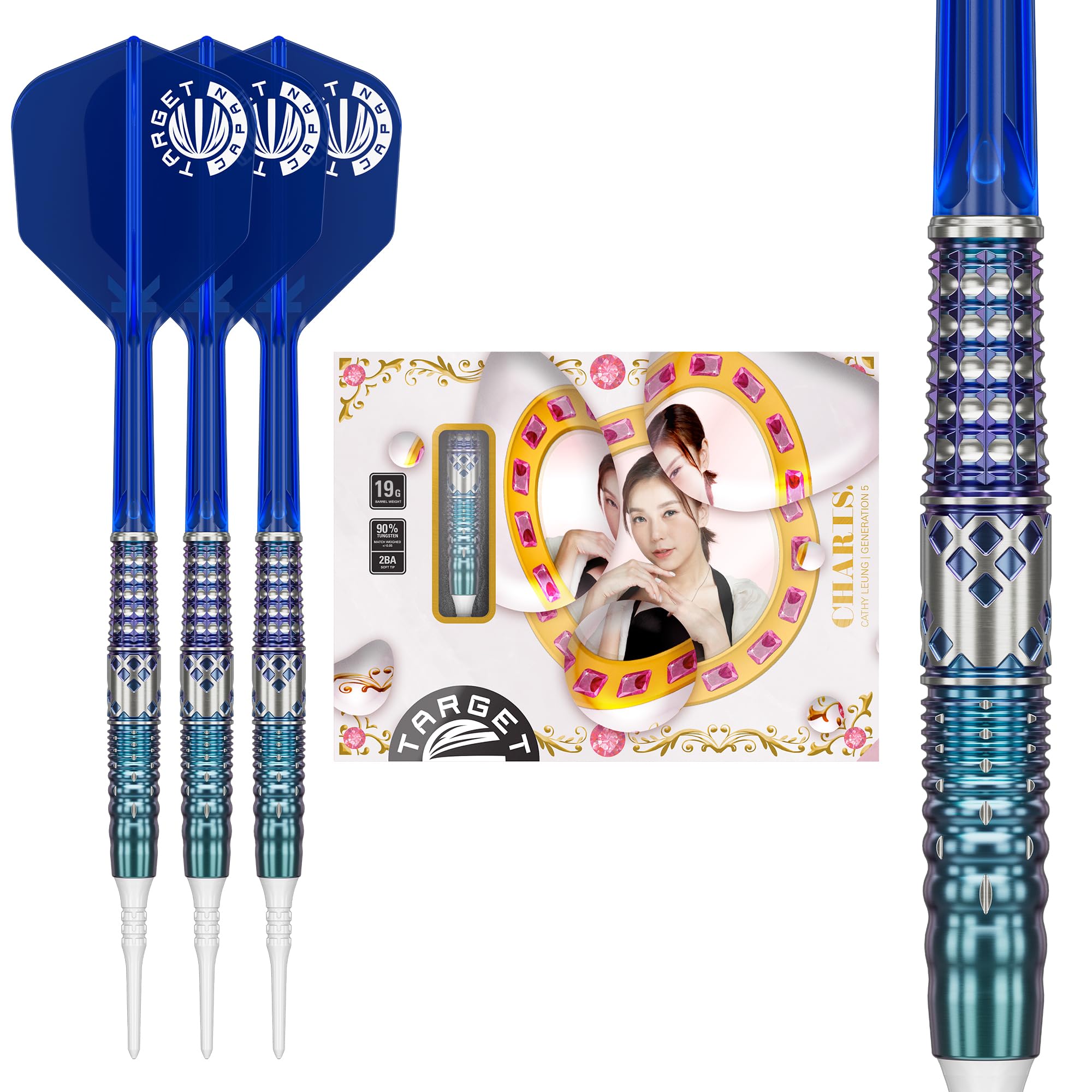 

Target Japan CHARIS G5 Cathy Leung Tungsten Soft Tip Darts 6 Shape Flights and 2BA White Pixel Tips 90% K-Flex Set, No. Shafts, (CHARIS G5) синий