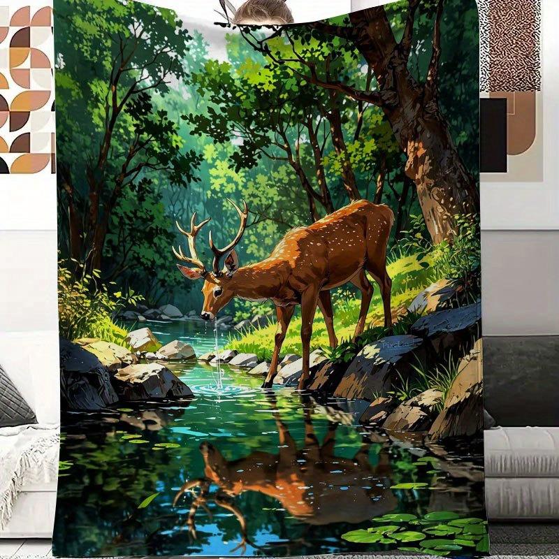 1pc Bohemian Deer & Stream Forest Scene Plush Flannel Blanket Heavyweight All-Season Soft Throw, Golden-Brown Deer 130x150cm51x59in