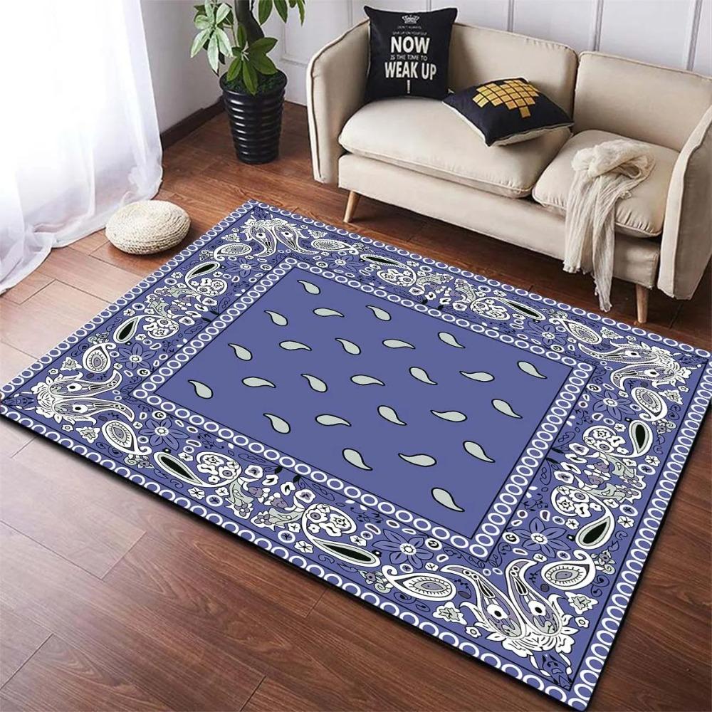 Paisley Pattern Carpet Black White Rug Blue Decorative Mat Symmetrical Border Living Room Mat Non-Slip Home Decoration Floor Rug