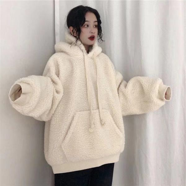 Lamb Plush Thickened Hooded Sweater For Women In Winter, Korean Version, Loose, Lazy, Versatile, Student Pullover, Solid Color Coat