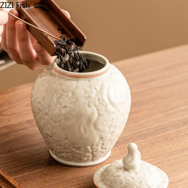 Relief Rabbit Tea Can Creative Ceramic Sealed General Can Decoration Home Kitchen Large Capacity Tea Storage Can Organizer