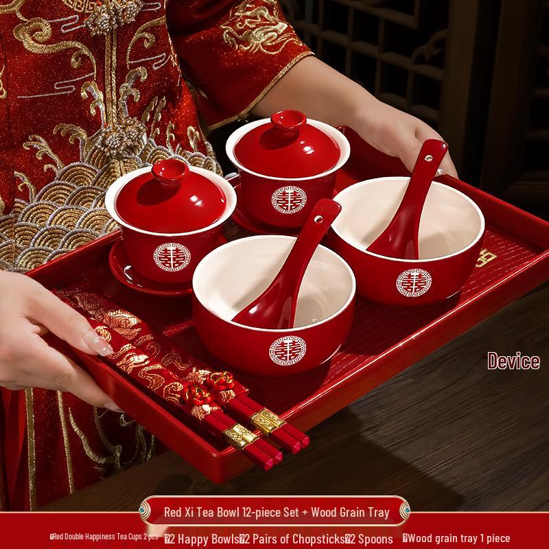 Festive Red Wedding Tea Set: Lidded Bowls, Tea Cups, and Chopsticks