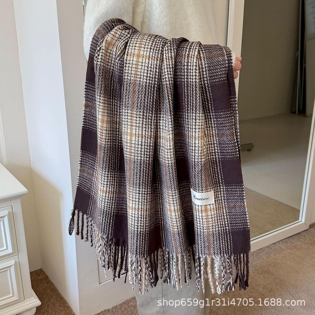 New Imitation Cashmere Plaid Scarf Women's Autumn and Winter High-end Sense Fashion Temperament Warm Fringed Shawl