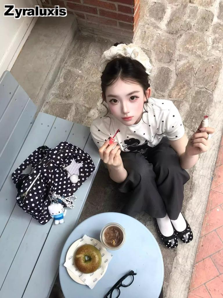 Summer Korean Retro White Polka Dot Cute Printed Small Dog Short Sleeve T-Shirt Women Slim Fit High Neck Top Trendy