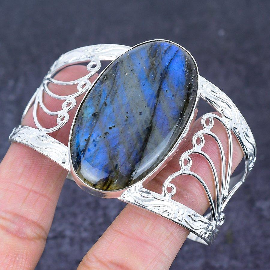 Natural Labradorite Gemstone 925 Sterling Silver Cuff Bangle Adjustable W0t52